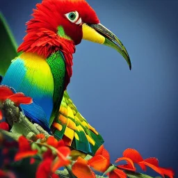 The embodiment of summer is a beautiful exotic birds fly, the face is beautiful, the atmosphere of the scene is uplifting and dynamic, Summer cinematic, the colors are green dark, red, orange and touches of blue