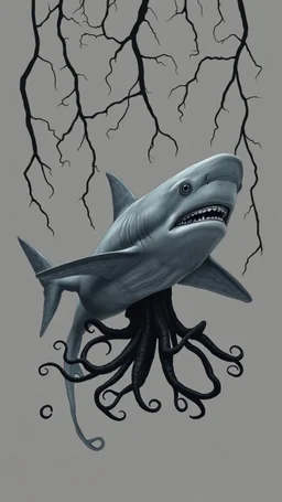 Giant gray shark in a gray background of black vein, human veins, mixing together a lot of them, like a forest, big and small veins a lot of them, a black creature looks like an octopus with many arms