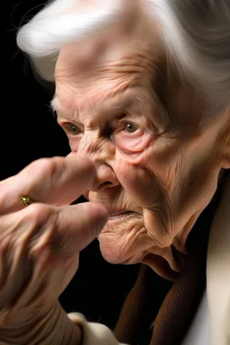 Older woman jabbing with a finger of her yellowing claw-like hand