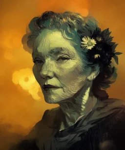 yaşlı bir kadının portresi, çiçekler, dramatik ışıklandırma, Van Gogh tarzı, Greg Rutkowski tarzı, Yoji Shinkawa tarzı, 4k, dijital sanat, konsept sanat, Artstation'da trendlere girmiş