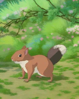 A squirrel, trees and flowers in the background