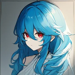 Clear focus, High resolution, rough line sketch art, blue hair, fluffy hair, between eyes, red eyes, no light in eyes