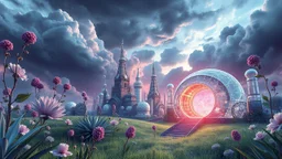 Dynamic cifi country side ,hypnotic of 3D structures Symmetry twisting and morphing between cifi plants , cifi flowers and metal geometric 3d structures buildings , smooth translucent iridescent glass with inner glow and bubbles, varied transparent materials, stormy skies, intense dramatic