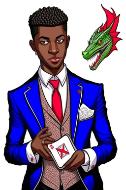 Dashing black man in a suit, holding a deck of cards. There's a young fey dragon with him.