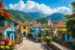 Ilustra un pueblo tradicional colombiano con coloridas y brillantes casas de estilo colonial con techos de tejas, calles adoquinadas y flores vibrantes adornando los balcones . Al fondo un rio, un camino y arbustos, un cielo azul claro. En la plaza del pueblo hay una pequeña iglesia con un campanario.