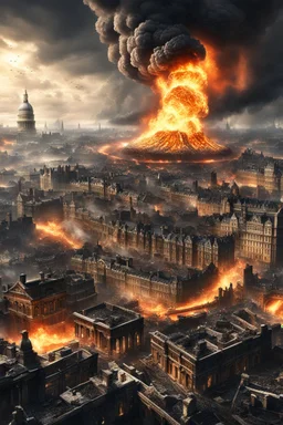 create a wildly imaginative otherworldly, chaotic total destruction of Victorian London amidst a swirling firestorm from a super massive asteroid impact, highly detailed, digital composite, 8k,