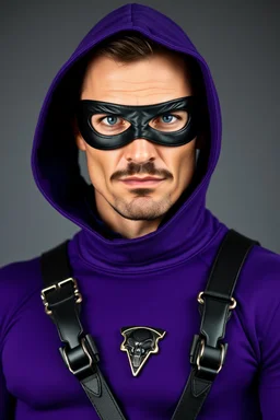 full-length, A portrait of a the Phantom, a man with piercing blue eyes, a chiseled jaw, goatee, timeless face, stern expression, Wearing a tight fitting purple cotton hero suit with a cowl that fits tight to his head, but does not cover his face, he wears a thin, black leather, bandit eye disguise over his eyes, black and blue diagonally striped trunks, dual-holstered pistol belt adorned with a triangle skull-shaped buckle with leg straps, Knee-high black leather boots