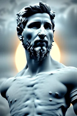 Ultra Realistic image, Roman sculpture, white marble material, Lionel Messi, sun radial crown, chisel style, waist up portrait, epic, celestial, cinematic lighting, God light, god rays, 4k resolution, smooth details, ornate details, soft lighting, unreal engine 5, marble background.