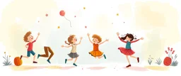 fantastic illustration of children playing and dancing. children's book style, on a white background