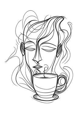 A drawing one line coffee cup with the aroma vape turning in to a abstract outline of a male face black ink on white background