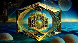 quantum Hypergeometry infinite recursive hyperbolic golden ratio fractal supradimensional floating city over Jupiter ocean life creature intelligent tesseract