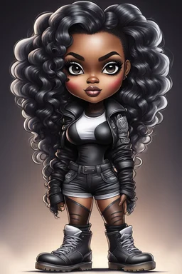 create an airbrush illustration of a chibi cartoon voluptuous black female wearing a black and silver outfit with timberland boots. Prominent make up with hazel eyes. Extremely highly detailed of a long wavy ombre hair. Background of a bike show