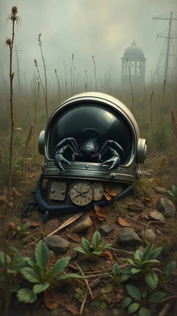 A black scorpion on the ground on a dead astronaut helmet, in a forgotten battlefield overrun by vegetation, cutesy tiktok detailed oil painting, grainy, old style