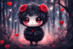 Cute chibi black fluffy pompom with cute big eyes, watercolor and black ink outlines, soft, shading strokes, holding red rose, evening forest, bushes, leafless branches with red heart shaped ornaments strung on them, in moonlight, ethereal, otherwordly, cinematic postprocessing, bokeh, dof