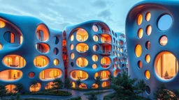 A futuristic residential complex designed with smooth, flowing curves inspired by natural forms. The buildings are constructed from innovative, translucent coloured materials that allow for ample natural light and feature numerous polygonal windows arranged in organic patterns. Award-winning photograph, beautiful composition, exquisite detail and illumination