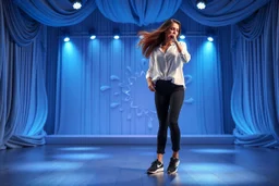 modern stage with gray-blue theme artistic decoration , color full dynamic lighting, a beautiful lady in pants and blouse with sport shoes dancing, 3D recursive fractal structure animating background