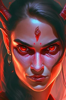 red skin, glowing fiery eyes