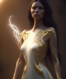 Holy Virgin, celestial light, beautiful, long fabric dress, beautiful long black hair to the waist, snake around body, head and shoulders portrait, 8k resolution concept art portrait by Greg Rutkowski, Unreal Engine 5 volumetric lighting