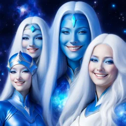 Plusieurs pleiadiens souriants à peau bleue et à long cheveux blancs