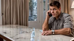 guy on phone mad about missing second marble tabletop