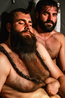 close up photography of two men ugly liying down sleeping in the night inside a camping tent, bearded ugly burly 30-year-old rough beefy bullneck arab tourist guides wearing traditional clothes, bulge, manly chest, photorealistic, midnight, lit by bonfire, ambient occlusion, top view, in the desert