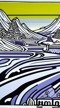 A light purple snowfield covered in ice designed in Mayan architecture painted by Roy Lichtenstein
