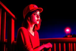 woman with a red baseball hat. leaning on a wooden balcony. night time. studio lightining. fantasy. surrealistic, anime