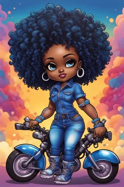 create an pshchedelic art illustration of a chibi cartoon voluptuous black female wearing a blue jean outfit with a tie dye tshirt with biker boots. Prominent make up with hazel eyes. Extremely highly detail of a tight curly black and shiny afro. Background of a bike show