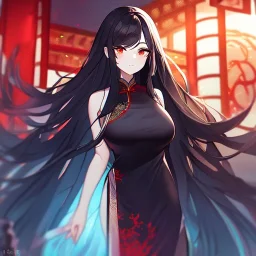 Clear focus,High resolution, black long hair, Vibrant red eyes, Emo style, Wearing a Chinese Traditional dress