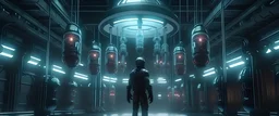 Sci-fi Laboratory Capsules hanged on a big sci-fi hanger, a human general standing in front of them, 4k, trending on artstation.