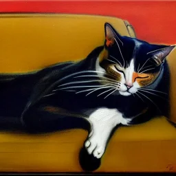 oil portrait of a Cat Sleeping in a Black sofa by Ignacio Zuloaga 8k