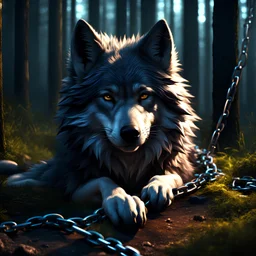 sad small scruffy wolf in chains laying down eyes closed, photorealistic, 4k, dark fantasy, forest