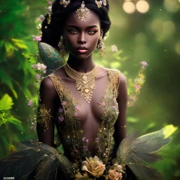 black skin fairy, beautiful portrait, flowery landscape