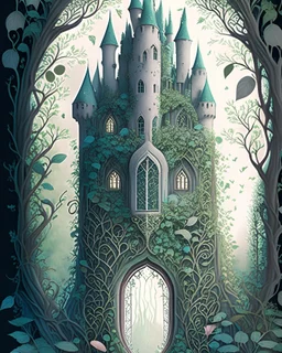 A whimsical, fairy tale-inspired illustration of a magical castle nestled within an enchanted forest, featuring delicate, intricate details such as ivy-covered towers, hidden doorways, and a mystical aura surrounding the entire structure.