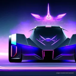 powerful concept future car, dark color fade theme, large engine protruding from the hood, nebula back round, extra detail with luminous engravings, neon underneath, big city with skyscrapers, light mist, jet engine