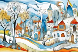 A white wispy realm with fantasy houses designed in Australian aboriginal art painted by Pablo Picasso