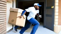 suspiciously looking Tyrone sneaking away with small delivered package from apartment mailroom