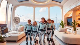 Futuristic family living in a luxurious future home, exciting technology, sustainable technology, solar power, water turbine, wind turbine, happy children, beautiful high-tech clothing, colour photograph