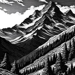 Swiss mountains, engraved art, black and white