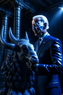 biden holding a goat in the style of giger, spraypaint, photorealism, trending on artstation, 8k, depth of field, downlight, lightrays, volumetric, white hall podium, brown and blue