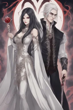 Vampire queen with white hair, with her king who has long black hair