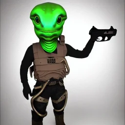 Alien, snake, metaljellyfishsombrero, vest, hands, holding gun, holster, steel military boots, squishy, chest plate, oxygen mask, bulbus nos snout