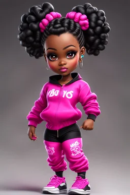 Create an airbrush image of a curvy chibi cartoon black female wearing a hot pink jogger set and black sneakers. Prominent make up with hazel eyes. Extremely highly detailed bantu knots