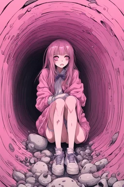 Anime girl crushed inside claustrophobic really in tunnel with digestive juices. sit pose, fullbody, serius, tears, Junji Ito style, pink tones, pastel tetradic colors