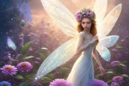 one very little beautiful fairy above one big crystal subtle flower in a galactic ambiance, transparent petals, delicate colors, in the foreground, full of details, smooth, bright sunshine，soft light atmosphere, light effect，vaporwave colorful, concept art, smooth, extremely sharp detail, finely tuned detail, ultra high definition, 8 k, unreal engine 5, ultra sharp focus