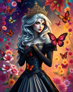 Masterpiece art amazing art picture in Luxurious colorful fractals sharp colors,vibrant colors,neons colors standing pose sweet pose a vampire queen gothic hair silver, golden shiny adorned,in fractals outside ,fractals colorfull, full of flowers,butterflies,leaves in outside fractals background