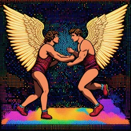 [style is lite brite art, luminous and colorful designs, pixelated compositions, retro aesthetic, glowing effects, creative patterns, interactive and playful, nostalgic charm, vibrant and dynamic arrangements] Jacob wrestling with angel