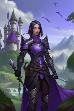 Female human paladin with short layered black and purple hair and purple eyes standing on a hill wearing an outfit made of silver plating and dark purple leather holding a longsword with runes on it with one hand and a kite shield on her back. the background is a forest and a castle in the distance