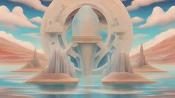 Geological cross-section with layers of water between land, abstract architecture, floating clocks, marble statues, geometry symbols || psychedelic landscape, mixed media, in the styles of Pablo Amaringo and Amanda Sage and Android Jones, cinematic, sharp focus, highest resolution