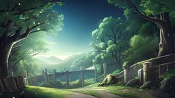 A anime landscape with trees and the midnight sky with stars. also with roads